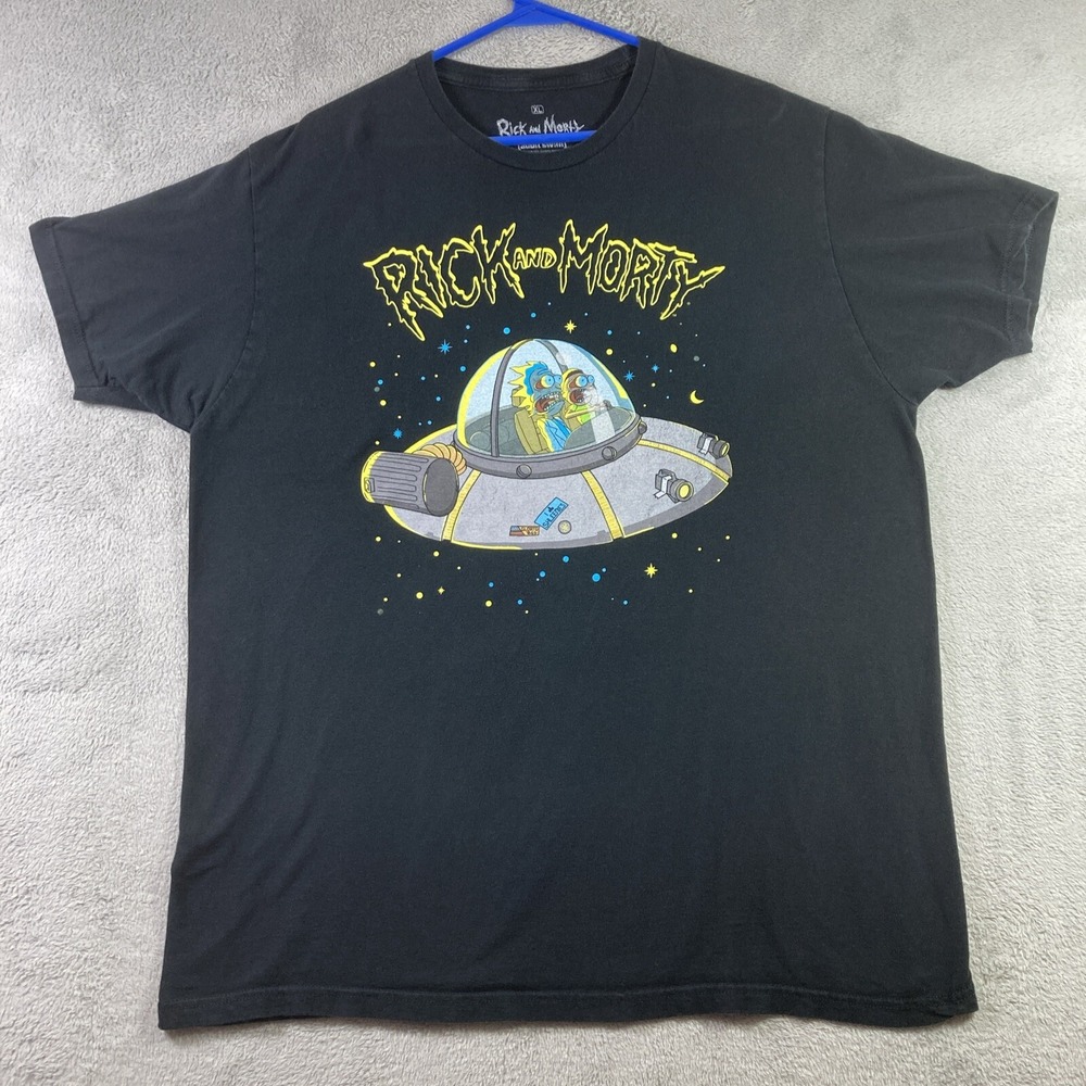 Rick and Morty Shirt Adult XL Black Cartoon Adult Swim Spaceship Graphic Tee